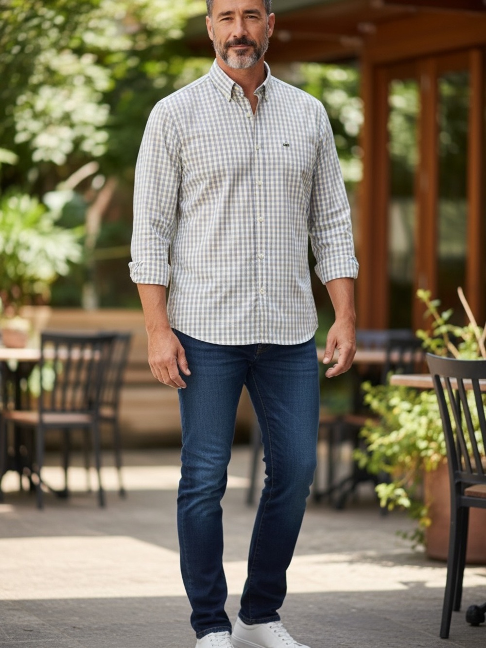Lacoste Mens Button-Down Gingham Shirt in White and Light Green - Picture 1 of 7